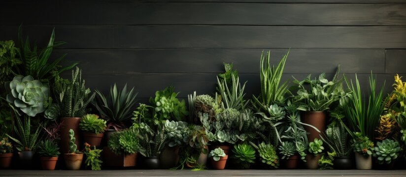 Contemporary home gardens feature diverse plant life in attractive pots with stylish interior design and green wall panels Copy space image Place for adding text or design