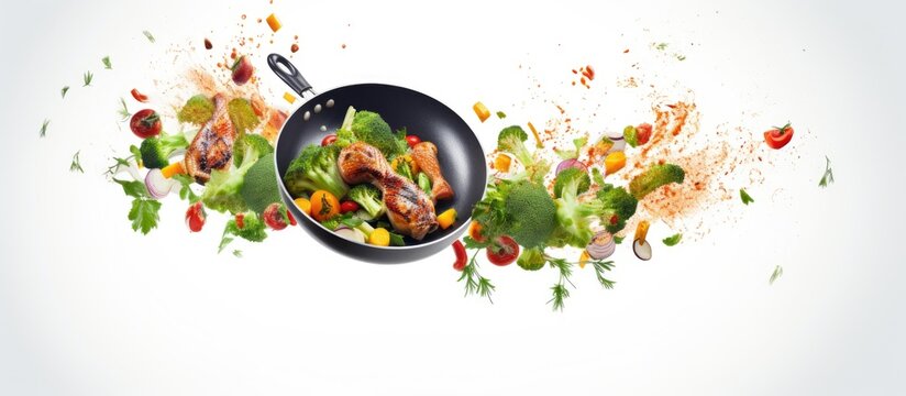 Cooking fresh organic food in a frying pan 3D rendering on white background Copy space image Place for adding text or design
