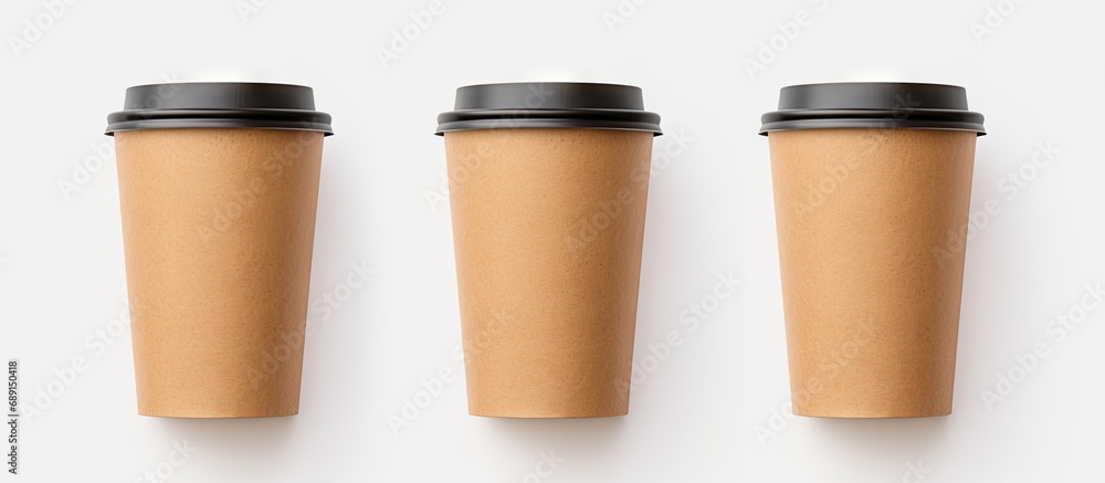 Aufkleber mockup collection of coffee packaging templates in medium sized take away craft cups isolated on a w