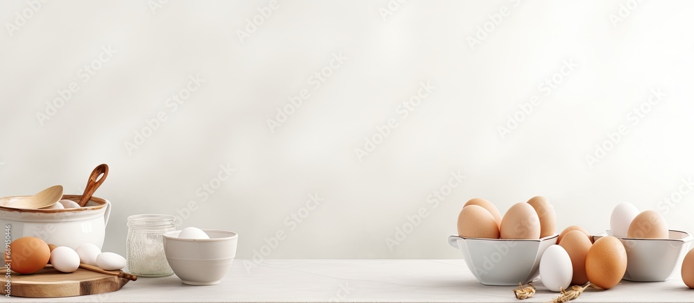 Aufkleber egg rolling pin bowls and utensils on table blank space kitchen decor idea wide banner copy space im