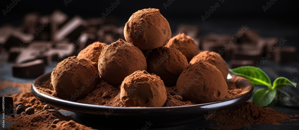 Fototapete homemade dark chocolate truffles with cocoa powder a gourmet and delicious dessert copy space image 