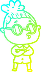 cold gradient line drawing of a cartoon woman wearing glasses