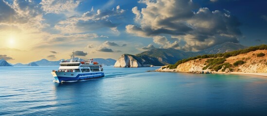 Obraz premium Ferry back to Zakynthos port with dramatic Greek sky Copy space image Place for adding text or design