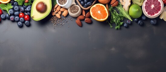 Choosing nutritious food Clean eating idea Cook with fish superfoods veggies artichokes Brussels sprouts fruits legumes and blueberries Overhead view for panoramic banner Copy space image Place - obrazy, fototapety, plakaty