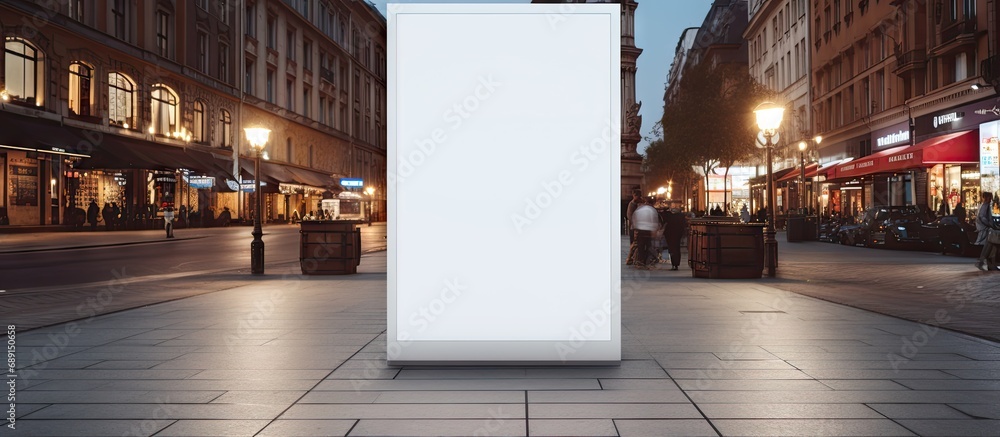 Poster mock up of a clear street signage board in an urban city environment placed outdoors on a pedestrian