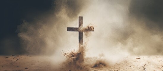 Drawing of cross in ash symbolizing religion sacrifice redemption Jesus Ash Wednesday lent Good Friday Copy space image Place for adding text or design - obrazy, fototapety, plakaty