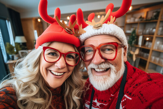 Excited elderly couple grandparents celebrating new year making christmas selfies Generative AI portrait