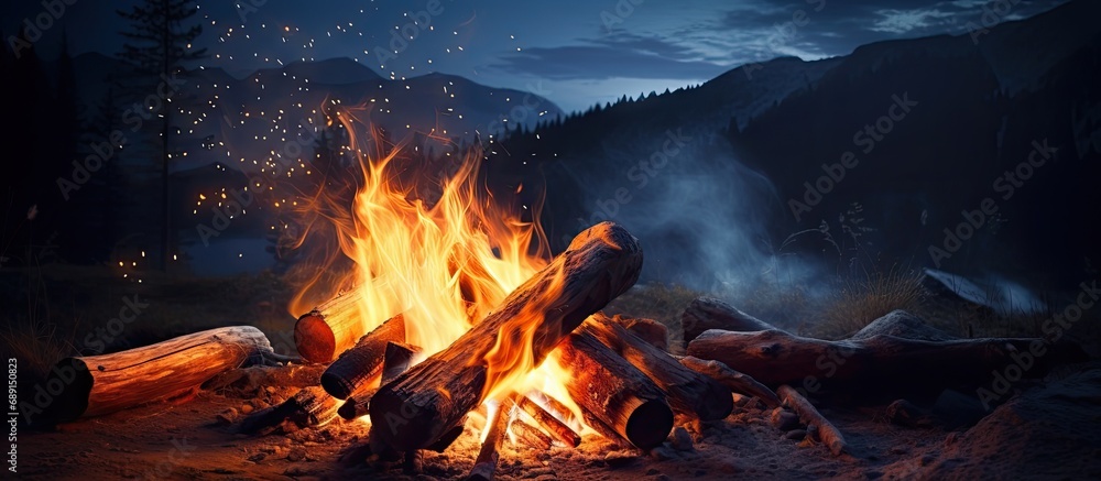 Poster nighttime campfire at a scenic mountain campsite with flames sparks and barbecuing outdoors represen