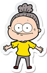 sticker of a cartoon happy old woman