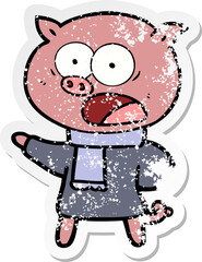 distressed sticker of a cartoon pig shouting