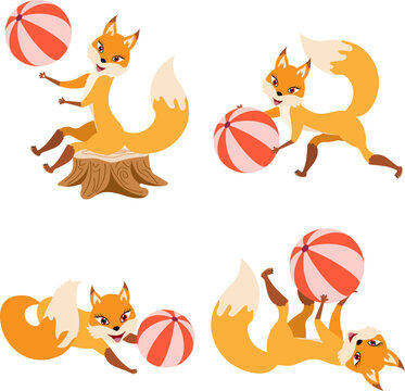 Funny red fox collection. Cute fox plays with a ball. Emotion little animal. Cartoon animal character design.