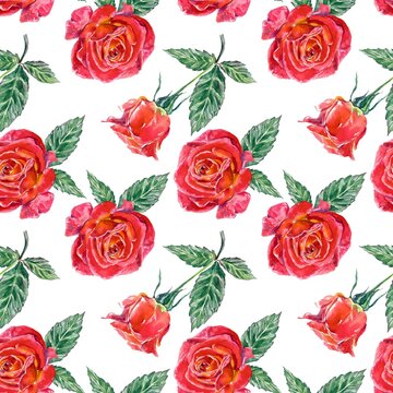 Seamless pattern of red roses and green leaves. Watercolor illustration isolated on white background. Cards, wedding invitations, wallpaper, covers.