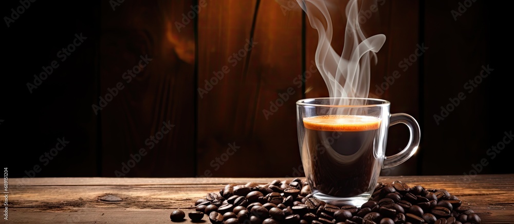 Poster caffeinated cup on rustic wooden background with smoke and beans copy space image place for adding t
