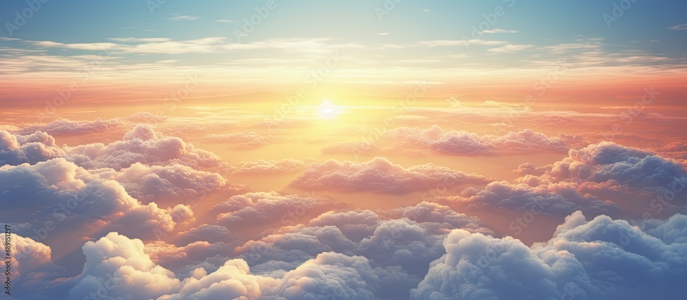 Poster Aircraft viewpoint above clouds displaying breathtaking sunset Copy space image Place for adding text or design
