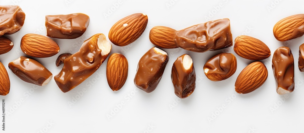 Poster handmade toffee caramel nut candy on crumpled paper homemade food gifts for holidays flat lay copy s