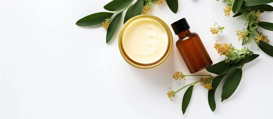 Fotobehang Schoonheidssalon Cosmetics made from natural ingredients for skincare hair and body care Honey and eucalyptus in jars Bottles with facial products on a white background Copy space image Place for adding text or