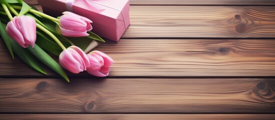 Mother s Day tulips and presents on wooden backdrop Copy space image Place for adding text or design