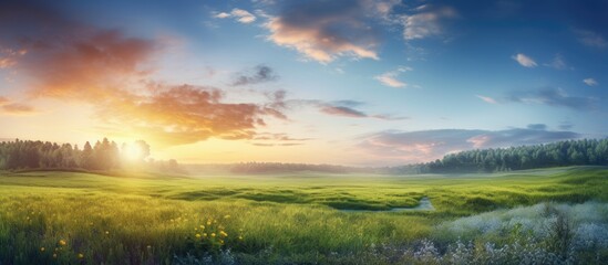 Fototapeta na wymiar Gorgeous sunrise above meadow Copy space image Place for adding text or design