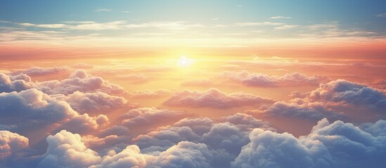 Aircraft viewpoint above clouds displaying breathtaking sunset Copy space image Place for adding text or design - Powered by Adobe