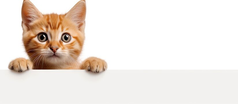 Cat holding a sign about pet care with a happy expression on a white background Copy space image Place for adding text or design