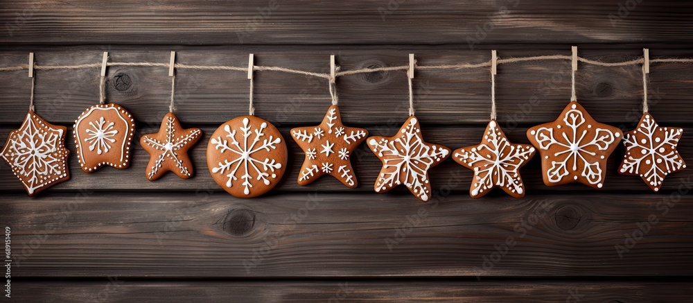 Poster gingerbread cookies suspended on a wooden backdrop copy space image place for adding text or design