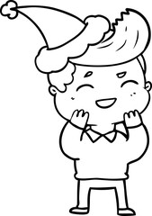 Fototapeta premium hand drawn line drawing of a man laughing wearing santa hat