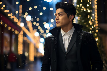 Fototapeta premium Generative AI portrait of young asian handsome business man walking street wearing fashion clothes christmas big city
