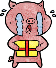crying pig cartoon delivering christmas present