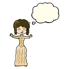 cartoon worried victorian woman with thought bubble