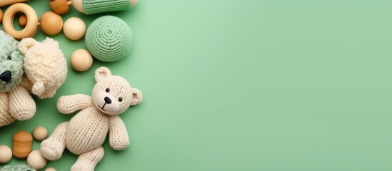 Eco friendly handmade baby toys on a mint background including wooden rattles a crocheted teddy bear and teething beads Copy space image Place for adding text or design - obrazy, fototapety, plakaty