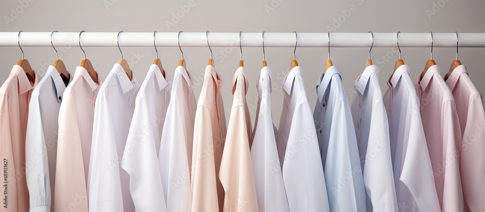 Poster Clean shirt hangers in laundry closeup Copy space image Place for adding text or design