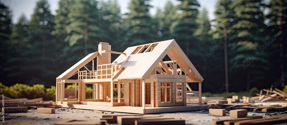 Poster Building wooden houses in a quaint area with trees Copy space image Place for adding text or design