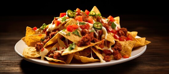 Fully loaded nachos with toppings Copy space image Place for adding text or design - obrazy, fototapety, plakaty