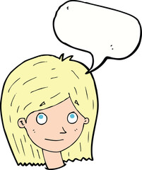 cartoon happy female face with speech bubble