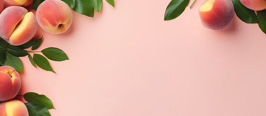 Fototapeta premium Flat lay composition of ripe peaches with green leaves on pink background Top view with copy space Fresh organic vegan food Copy space image Place for adding text or design