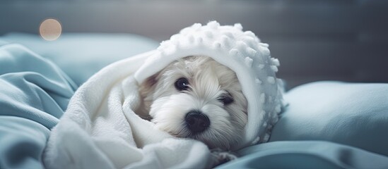 Cute dog resting after surgery wearing special suit and recovering with love and care Copy space image Place for adding text or design - obrazy, fototapety, plakaty