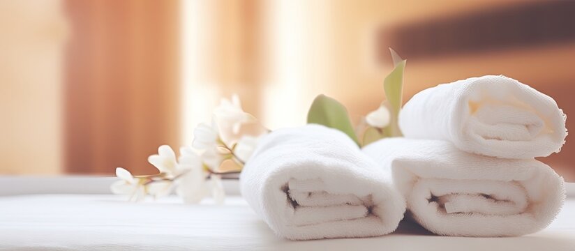 Clean cozy hotel bed with fresh towels Copy space image Place for adding text or design