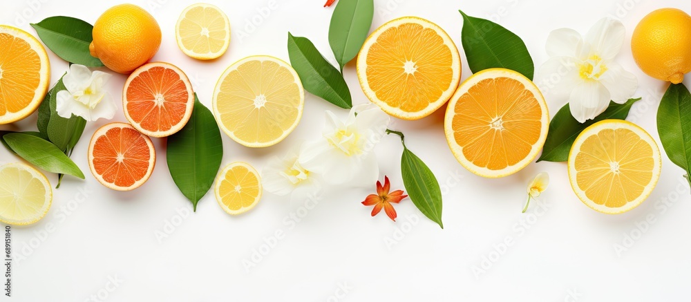 Aufkleber high quality photo of citrus fruits leaves and flowers arranged as a flat lay on a white background 