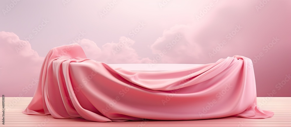 Poster feminine 3d stand with pink background silk curtain and wind cosmetic product presentation banner co