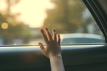 Child's hand on car door glass. A child is left alone in a car or confined. Traveling and moving house or orphans. - obrazy, fototapety, plakaty