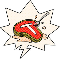 cartoon cooked steak and fork with speech bubble in comic book style