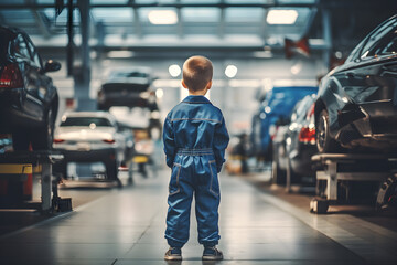 A child boy wearing a blue mechanic's uniform stands with his back in a car repair shop or garage. Copy space.