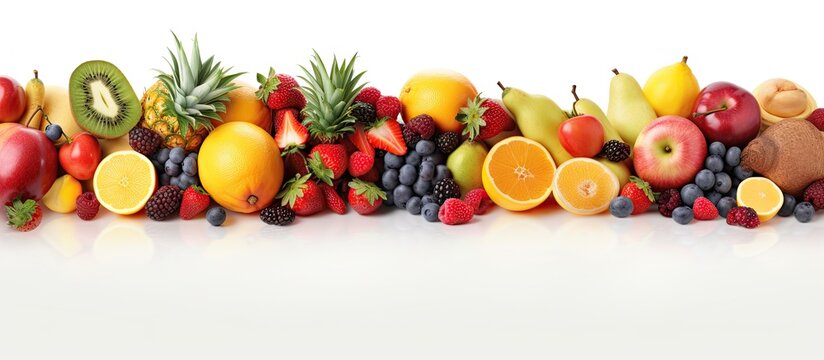 Isolated white background studio photo of various healthy fruits high resolution with copy space Copy space image Place for adding text or design