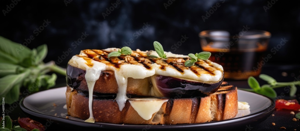 Poster Grilled eggplant and mozzarella accompany toast Copy space image Place for adding text or design