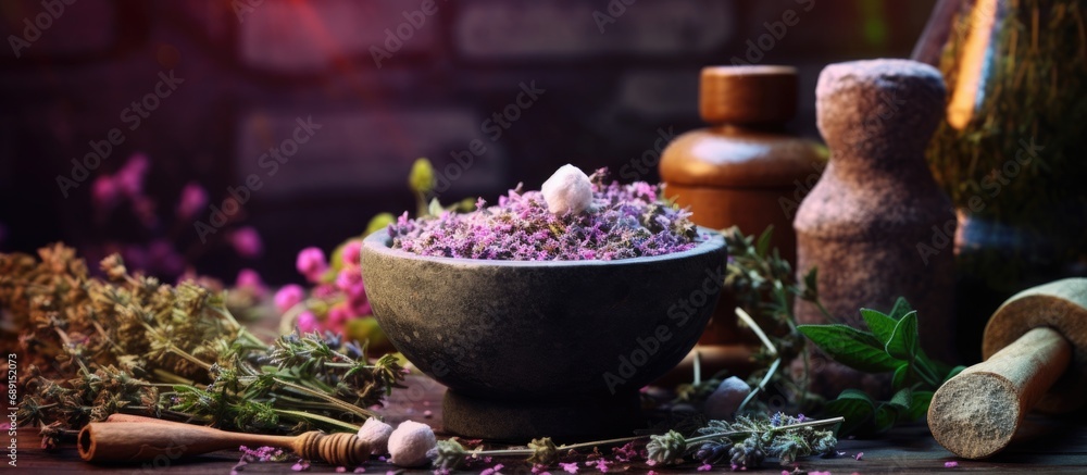 Poster alternative medicine idea assorting therapeutic plants copy space image place for adding text or des