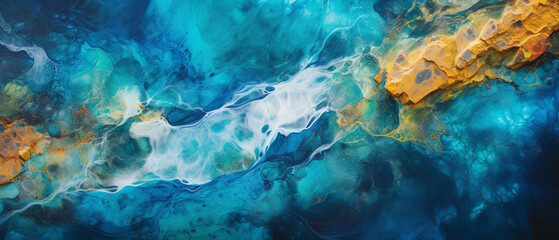 River background with colorful flowing water on the surface, top view. Innovative AI.