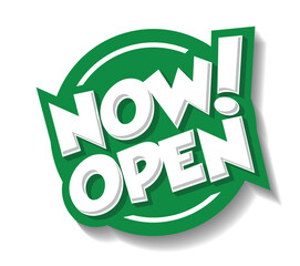 Now open door sign or web banner. Vector on transparent background
