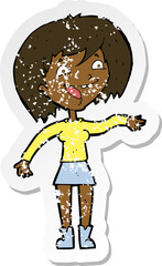 retro distressed sticker of a cartoon waving woman