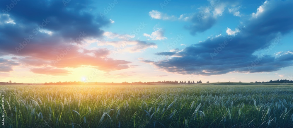 Poster Gorgeous sunrise above meadow Copy space image Place for adding text or design