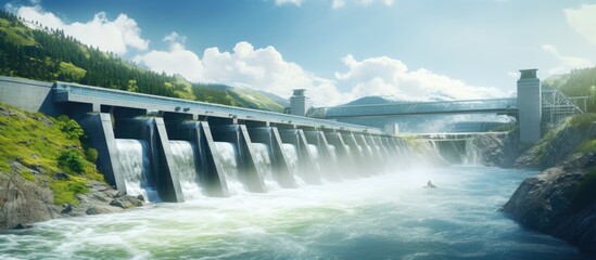 Hydropower plant with turbines and water spills for generating green electricity Climate change friendly eco friendly energy concept Copy space image Place for adding text or design